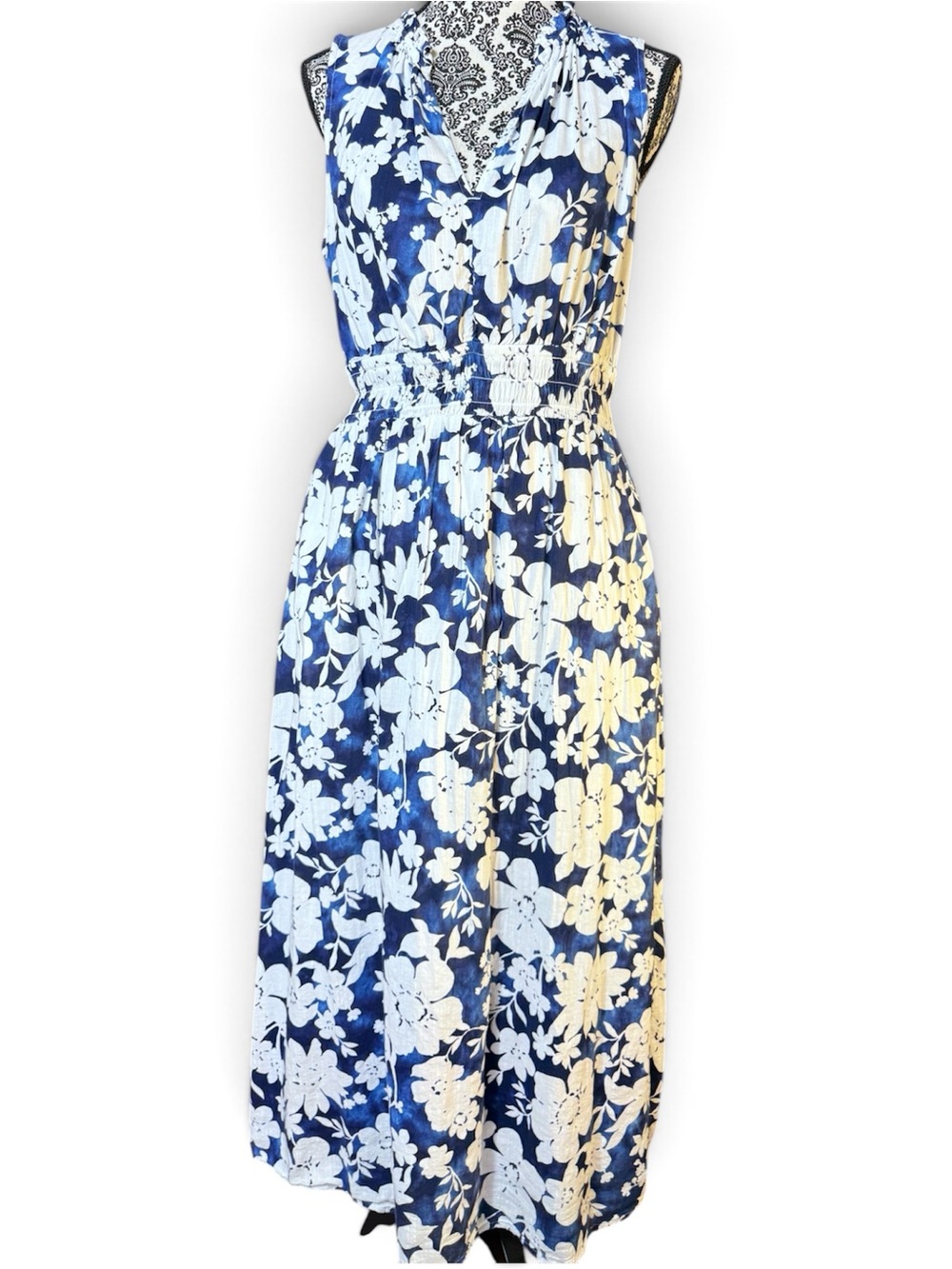 GAP Navy & White Tropical Floral Sleeveless V-neck Flowy Maxi Beach Dress size L
